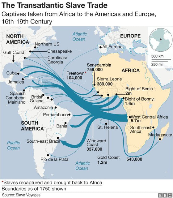 Transatlantic slave trade routes from Africa to North America, South America and the Caribbean.